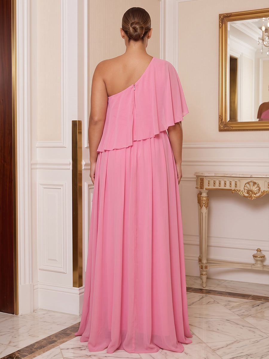 A-Line/Princess One Shoulder Chiffon Maxi Plus Size Formal Dresses with Pleats