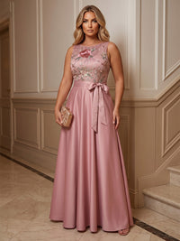 A-Line/Princess Scoop Neck Satin Maxi Plus Size Formal Dresses with Floral Embroidery & Pleats