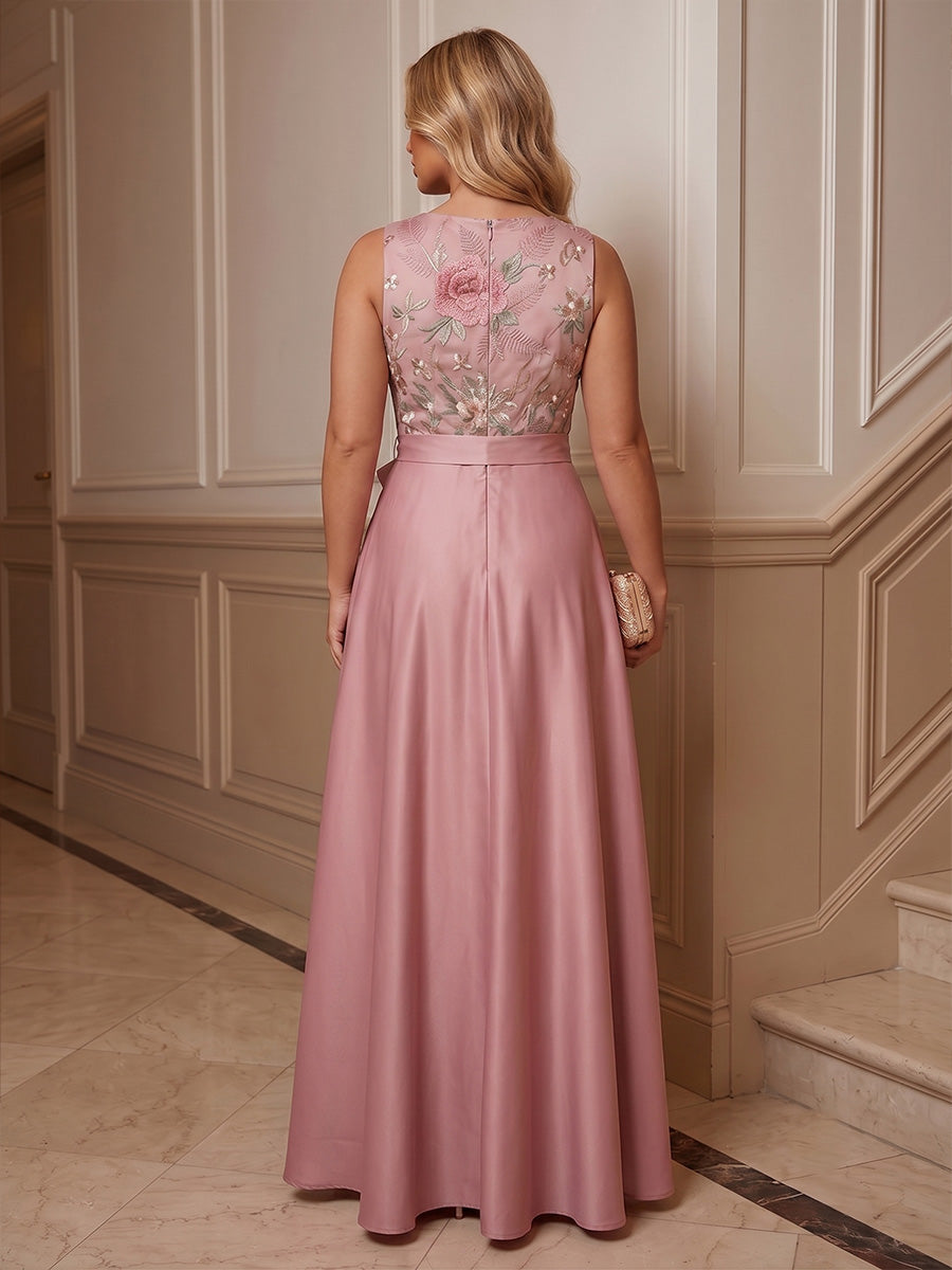 A-Line/Princess Scoop Neck Satin Maxi Plus Size Formal Dresses with Floral Embroidery & Pleats