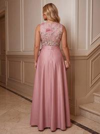 A-Line/Princess Scoop Neck Satin Maxi Plus Size Formal Dresses with Floral Embroidery & Pleats
