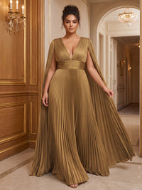 A-Line/Princess V-Neck Satin Floor-Length Plus Size Formal Dresses with Pleats