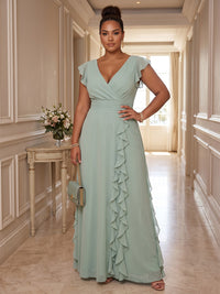 A-Line/Princess V-Neck Chiffon Maxi Plus Size Formal Dresses with Ruffles