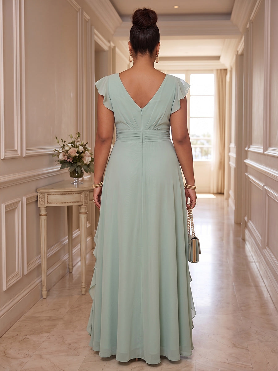A-Line/Princess V-Neck Chiffon Maxi Plus Size Formal Dresses with Ruffles