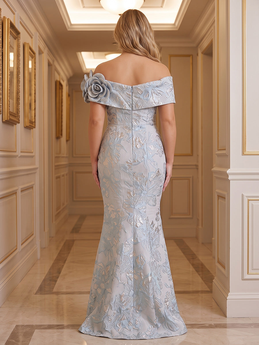 Mermaid/Trumpet Off Shoulder Jacquard Floor-Length Plus Size Formal Dresses with 3D Flowers