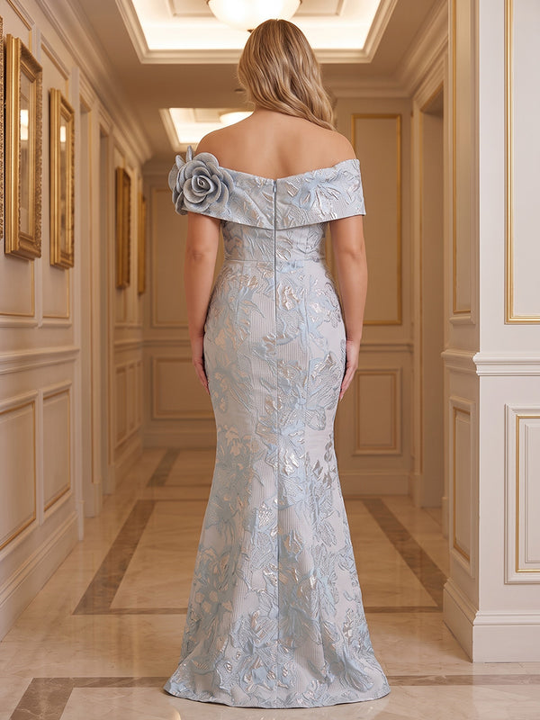 Mermaid/Trumpet Off Shoulder Jacquard Floor-Length Plus Size Formal Dresses with 3D Flowers