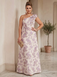 A-Line/Princess One Shoulder Jacquard Floor-Length Plus Size Formal Dresses with 3D Flowers