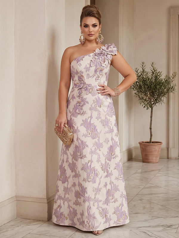 A-Line/Princess One Shoulder Jacquard Floor-Length Plus Size Formal Dresses with 3D Flowers
