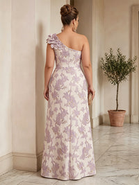 A-Line/Princess One Shoulder Jacquard Floor-Length Plus Size Formal Dresses with 3D Flowers