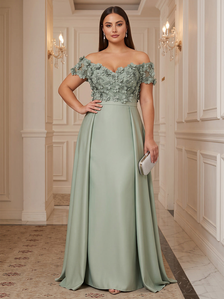 Sheath/Column Off Shoulder Satin Floor-Length Plus Size Formal Dresses with 3D Flowers & Pleats