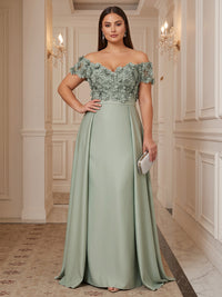 Sheath/Column Off Shoulder Satin Floor-Length Plus Size Formal Dresses with 3D Flowers & Pleats