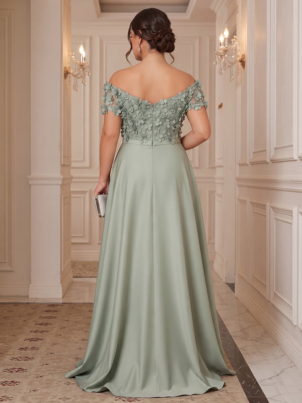 Sheath/Column Off Shoulder Satin Floor-Length Plus Size Formal Dresses with 3D Flowers & Pleats