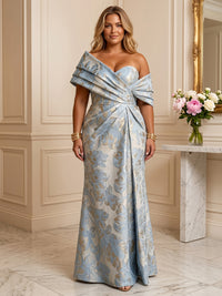 Sheath/Column Off Shoulder Jacquard Floor-Length Plus Size Formal Dresses with Ruched Waist
