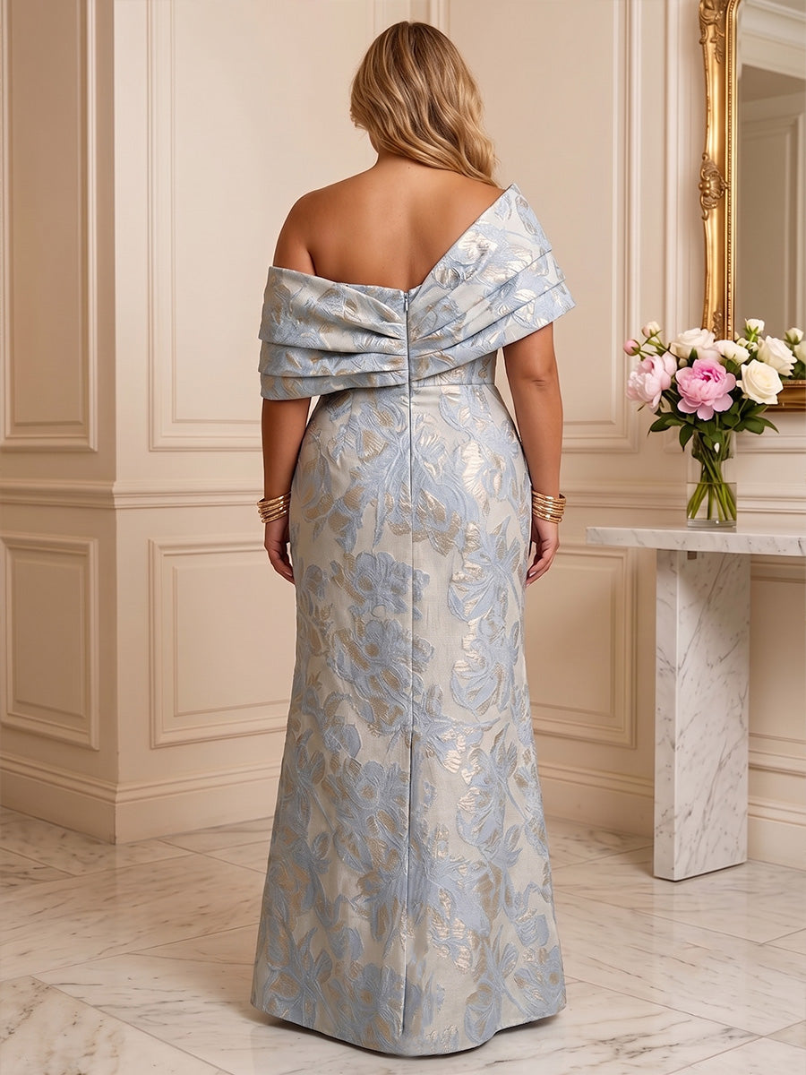 Sheath/Column Off Shoulder Jacquard Floor-Length Plus Size Formal Dresses with Ruched Waist