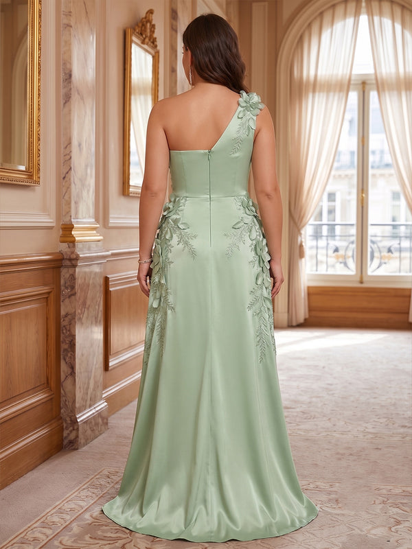 Sheath/Column One Shoulder Satin Floor-Length Plus Size Formal Dresses with 3D Flowers & Slit
