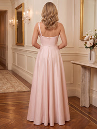 A-Line/Princess One Shoulder Satin Floor-Length Plus Size Formal Dresses with 3D Flowers & Pleats