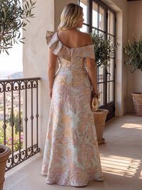 A-Line/Princess Off Shoulder Jacquard Floor-Length Plus Size Formal Dresses with Ruffles