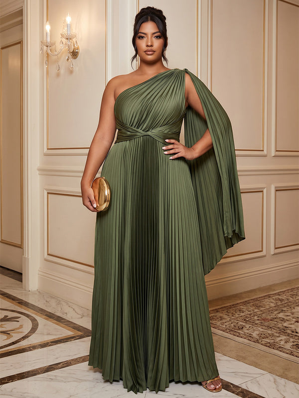 A-Line/Princess One Shoulder Satin Floor-Length Plus Size Formal Dresses with Pleats