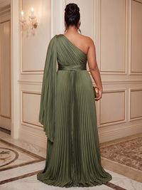 A-Line/Princess One Shoulder Satin Floor-Length Plus Size Formal Dresses with Pleats
