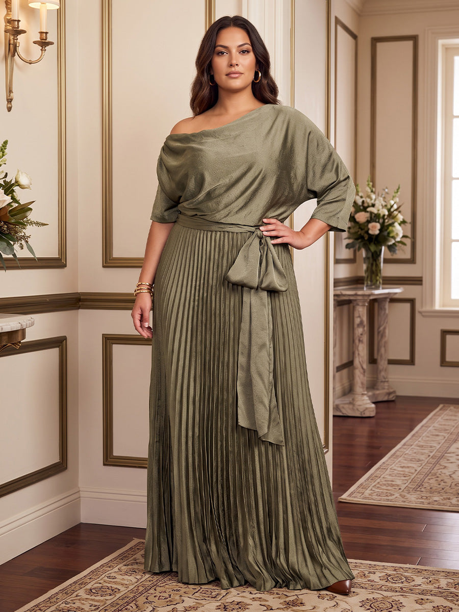 A-Line/Princess Off Shoulder Satin Floor-Length Plus Size Formal Dresses with Pleats & Belt