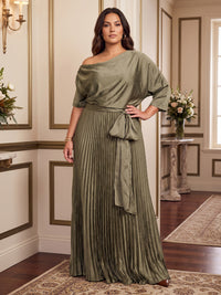 A-Line/Princess Off Shoulder Satin Floor-Length Plus Size Formal Dresses with Pleats & Belt