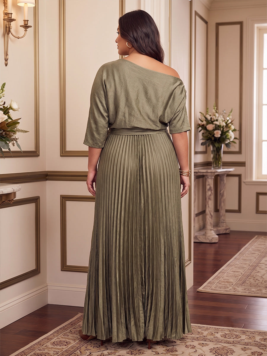 A-Line/Princess Off Shoulder Satin Floor-Length Plus Size Formal Dresses with Pleats & Belt