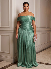 A-Line/Princess Off Shoulder Satin Floor-Length Plus Size Formal Dresses with Pleats