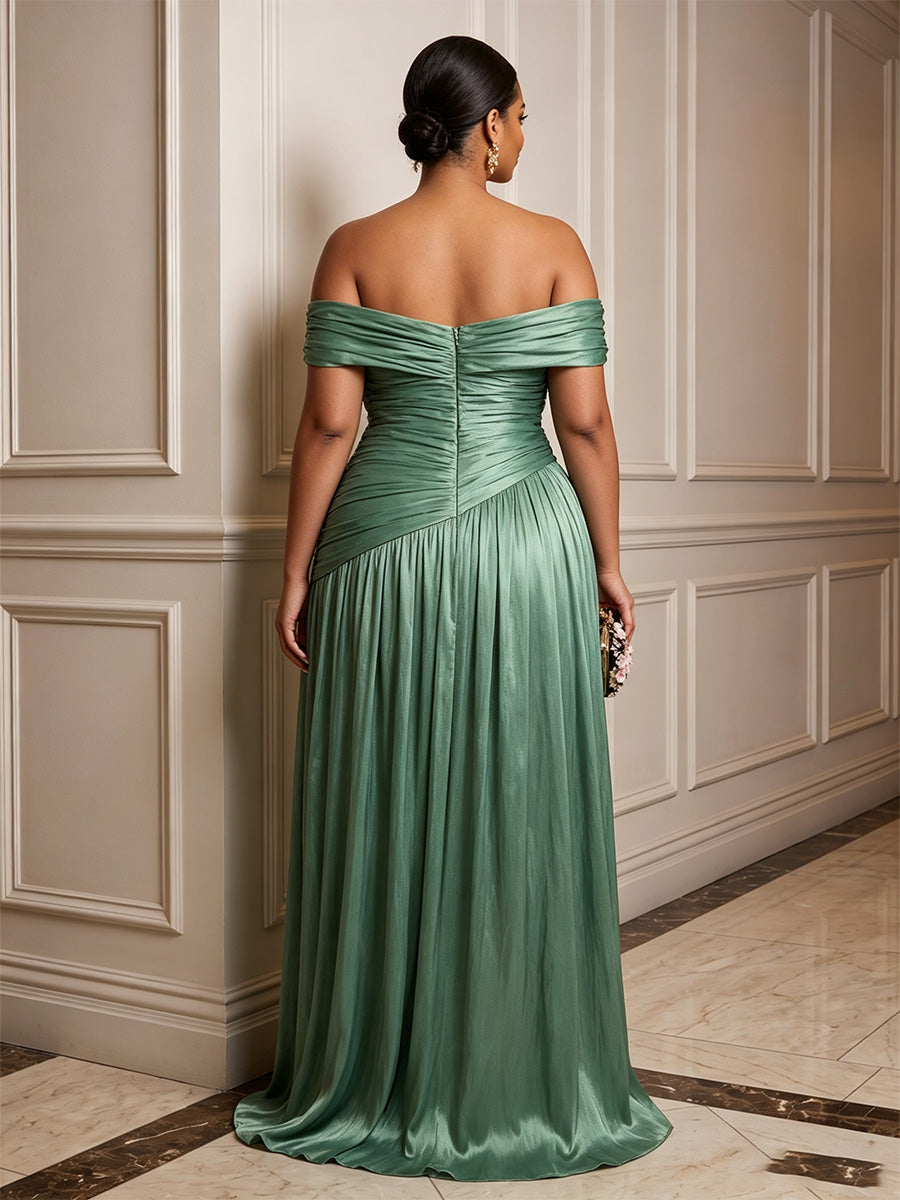 A-Line/Princess Off Shoulder Satin Floor-Length Plus Size Formal Dresses with Pleats