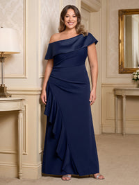 Sheath/Column Off Shoulder Satin Maxi Plus Size Formal Dresses with Ruffles