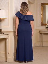Sheath/Column Off Shoulder Satin Maxi Plus Size Formal Dresses with Ruffles