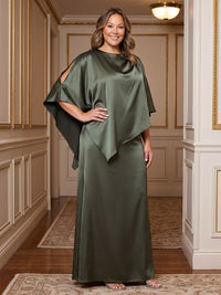 A-Line/Princess Scoop Neck Satin Maxi Plus Size Formal Dresses with Cape