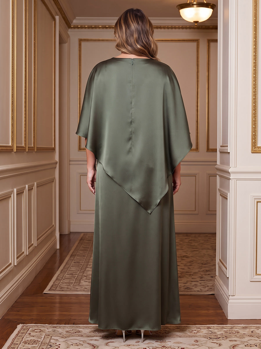 A-Line/Princess Scoop Neck Satin Maxi Plus Size Formal Dresses with Cape