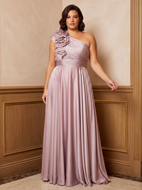 A-Line/Princess One Shoulder Satin Maxi Plus Size Formal Dresses with Ruffles & Pleats