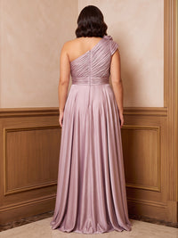 A-Line/Princess One Shoulder Satin Maxi Plus Size Formal Dresses with Ruffles & Pleats