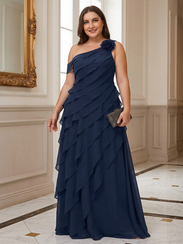 A-Line/Princess One Shoulder Chiffon Maxi Plus Size Formal Dresses with Tiered Layers & Ruffles