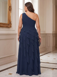 A-Line/Princess One Shoulder Chiffon Maxi Plus Size Formal Dresses with Tiered Layers & Ruffles