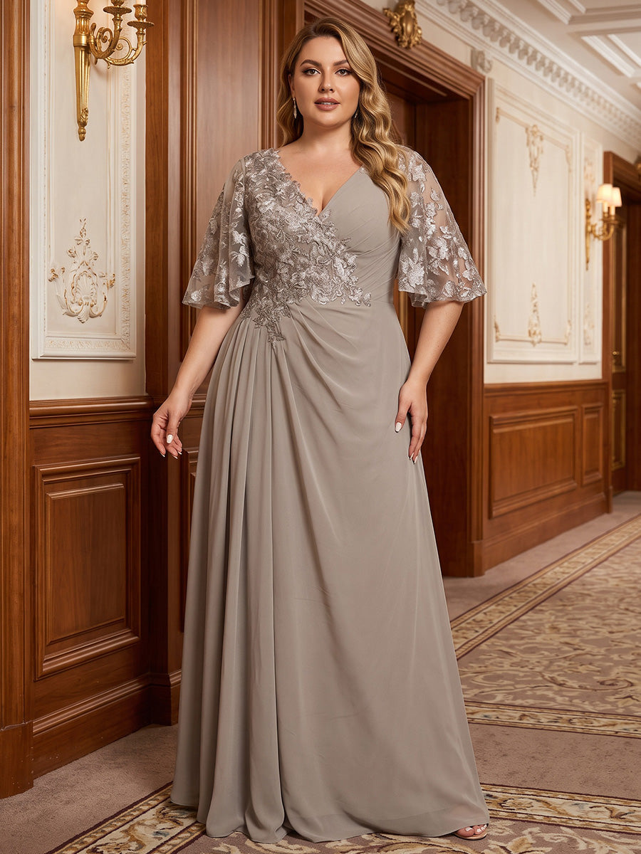 A-Line/Princess V-Neck Chiffon Maxi Plus Size Formal Dresses with Lace Appliques & Pleats