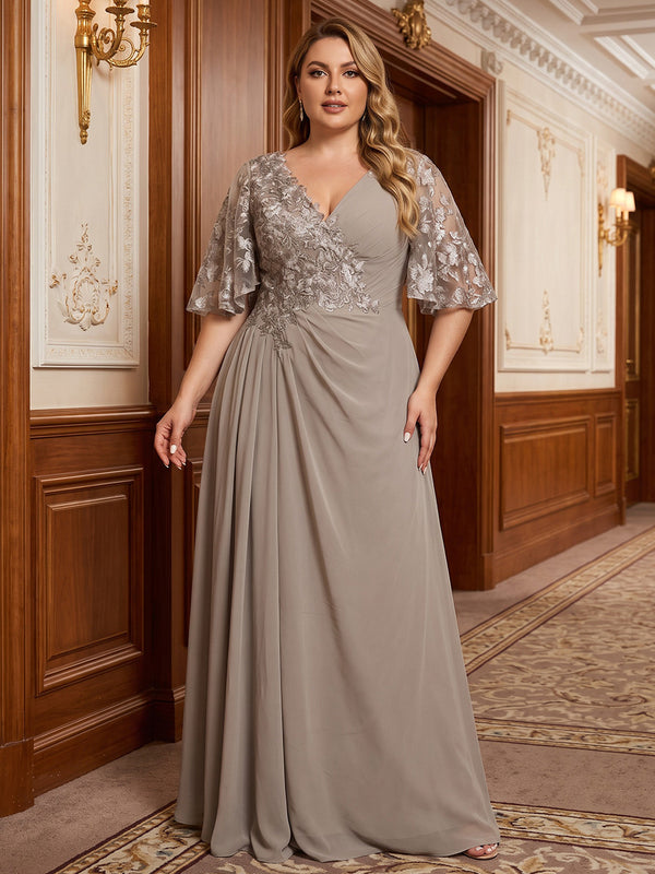 A-Line/Princess V-Neck Chiffon Maxi Plus Size Formal Dresses with Lace Appliques & Pleats