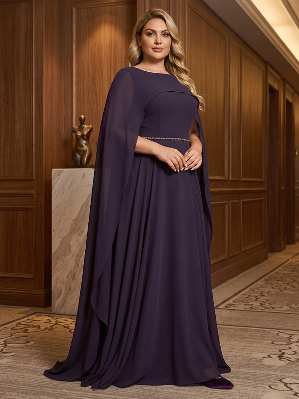A-Line/Princess Scoop Neck Chiffon Maxi Plus Size Formal Dresses with Sweep Train & Pleats