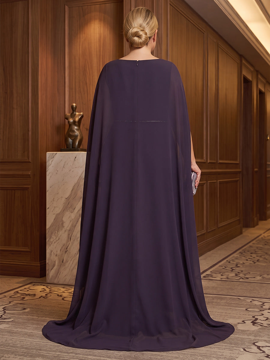 A-Line/Princess Scoop Neck Chiffon Maxi Plus Size Formal Dresses with Sweep Train & Pleats