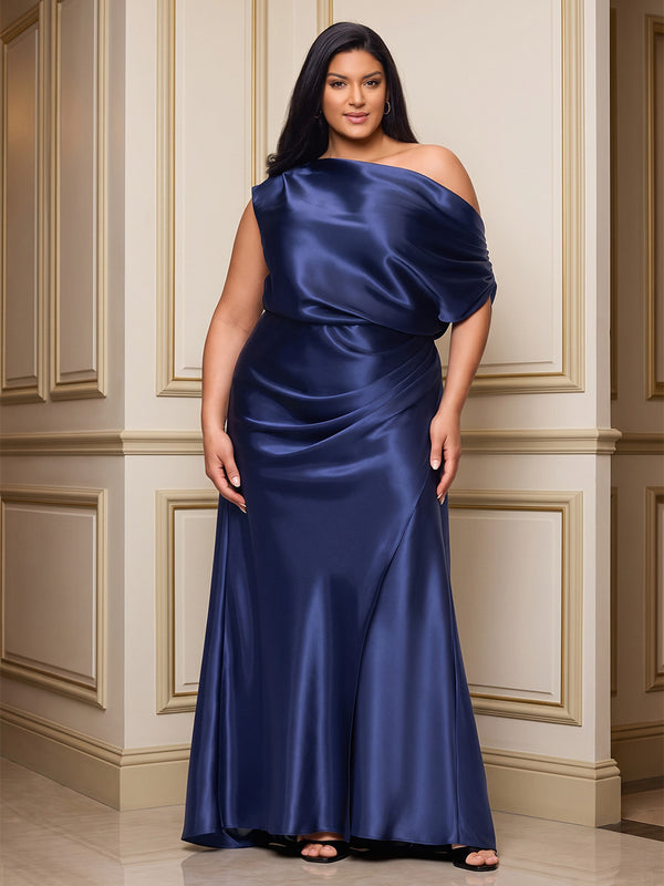 Mermaid/Trumpet Off Shoulder Satin Maxi Plus Size Formal Dresses with Ruched Waist