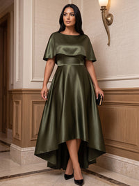 A-Line/Princess Scoop Neck Satin High-Low Plus Size Formal Dresses with Pleats