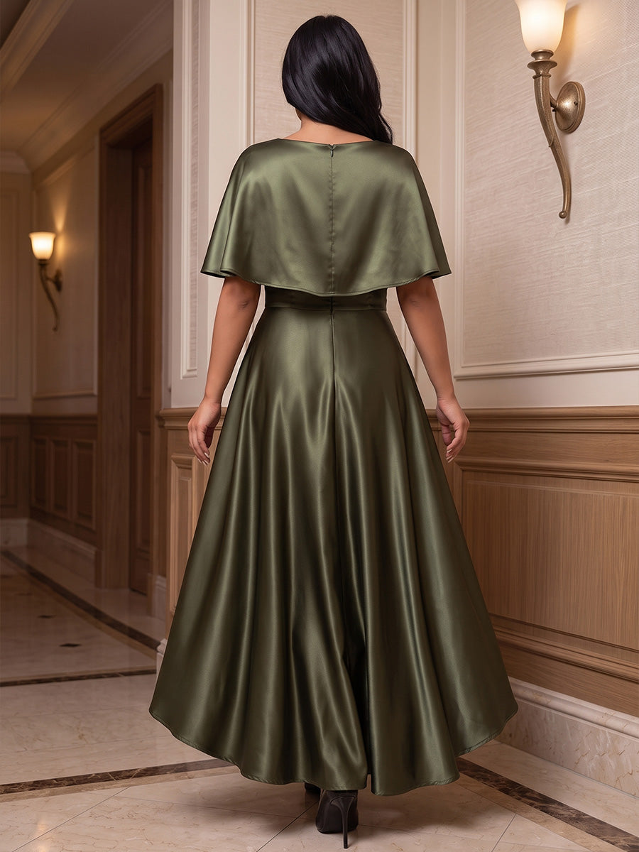 A-Line/Princess Scoop Neck Satin High-Low Plus Size Formal Dresses with Pleats