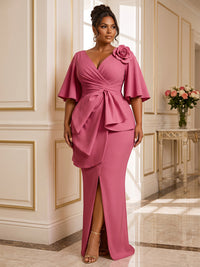 Sheath/Column V-Neck Satin Maxi Plus Size Formal Dresses with Ruffles, Ruched Bodice & Slit