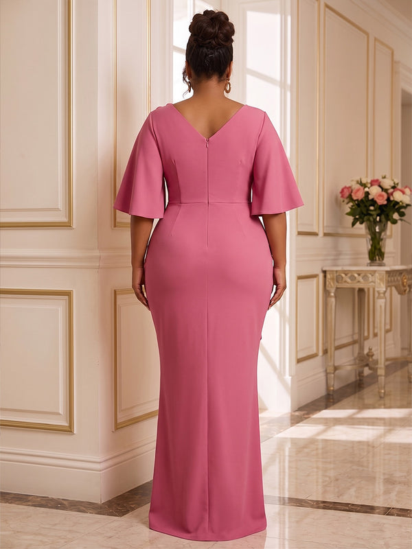 Sheath/Column V-Neck Satin Maxi Plus Size Formal Dresses with Ruffles, Ruched Bodice & Slit