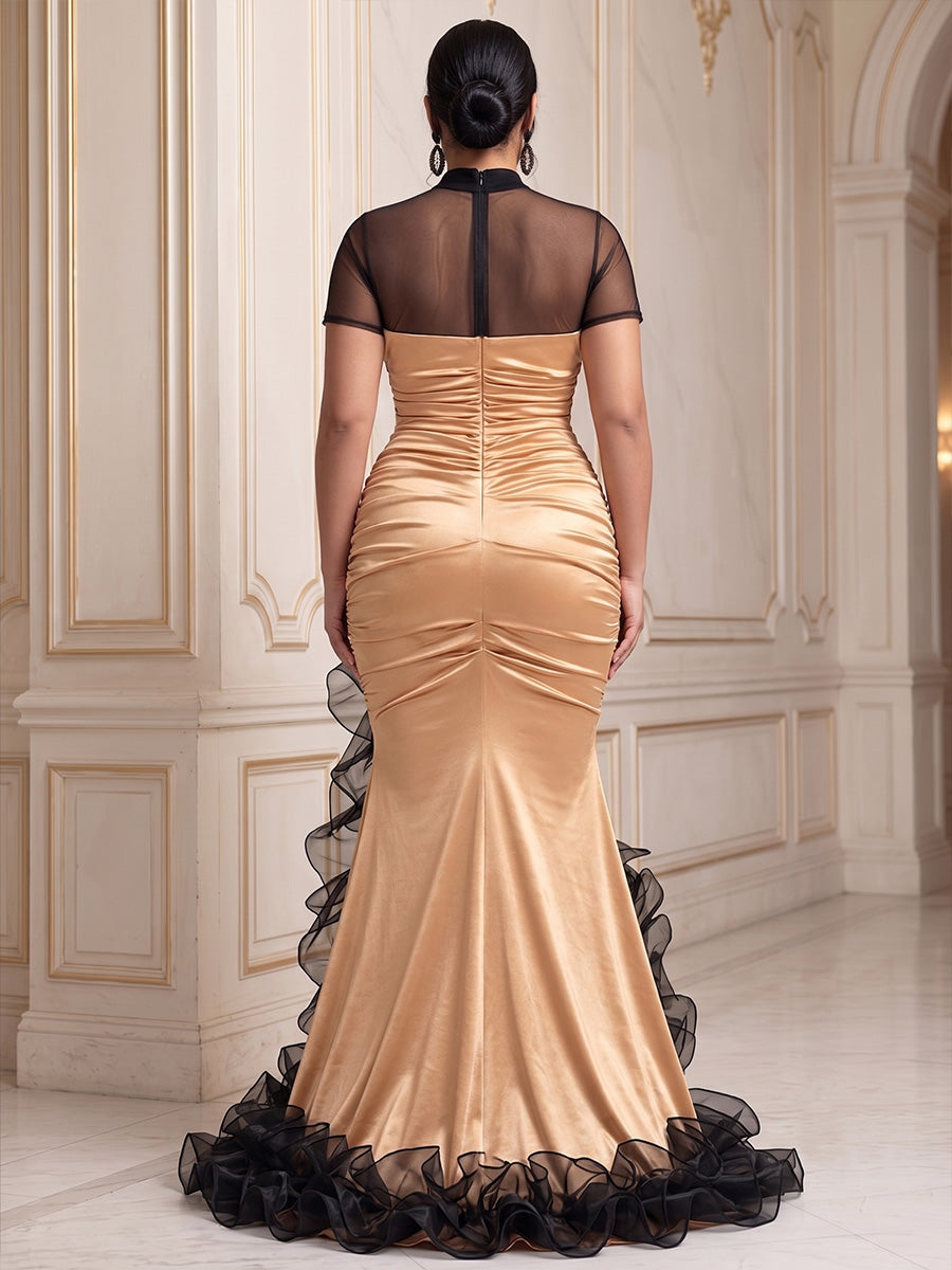 Mermaid/Trumpet High Neck Satin High-Low Plus Size Formal Dresses with Ruffles & Ruched Waist