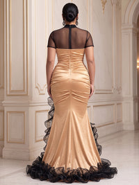 Mermaid/Trumpet High Neck Satin High-Low Plus Size Formal Dresses with Ruffles & Ruched Waist