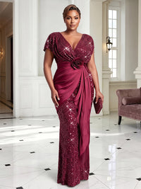 Sheath/Column V-Neck Sequin Maxi Plus Size Formal Dresses with Ruffles & Ruched Waist