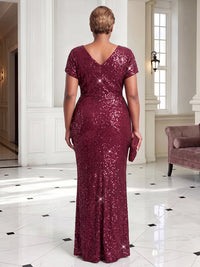 Sheath/Column V-Neck Sequin Maxi Plus Size Formal Dresses with Ruffles & Ruched Waist