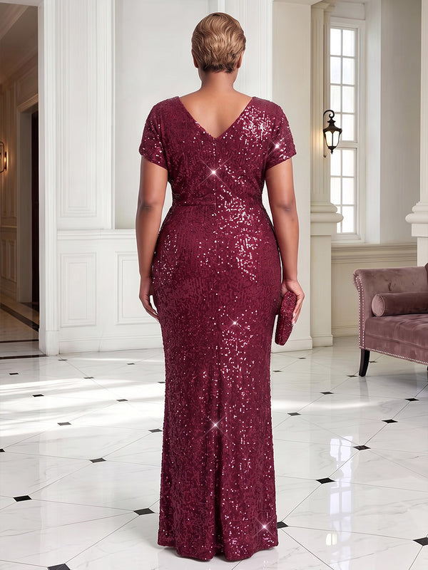 Sheath/Column V-Neck Sequin Maxi Plus Size Formal Dresses with Ruffles & Ruched Waist