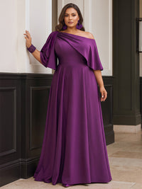A-Line/Princess Off Shoulder Satin Maxi Plus Size Formal Dresses with Pleats